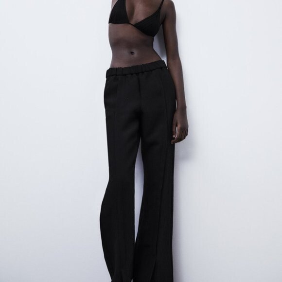 Black Zara High-Waist Textured Elastic Waist Relaxed Slit Hem Pants (NWT) - Picture 4 of 4